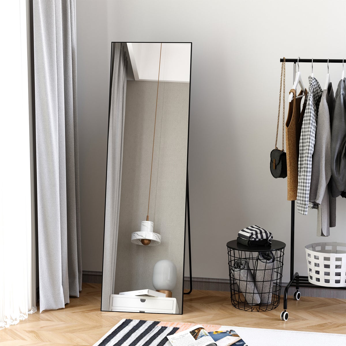 HOMCOM vrijstaande spiegel met standaard, voor slaapkamer, hal, 50 x 161,5 cm, aluminium, zwart