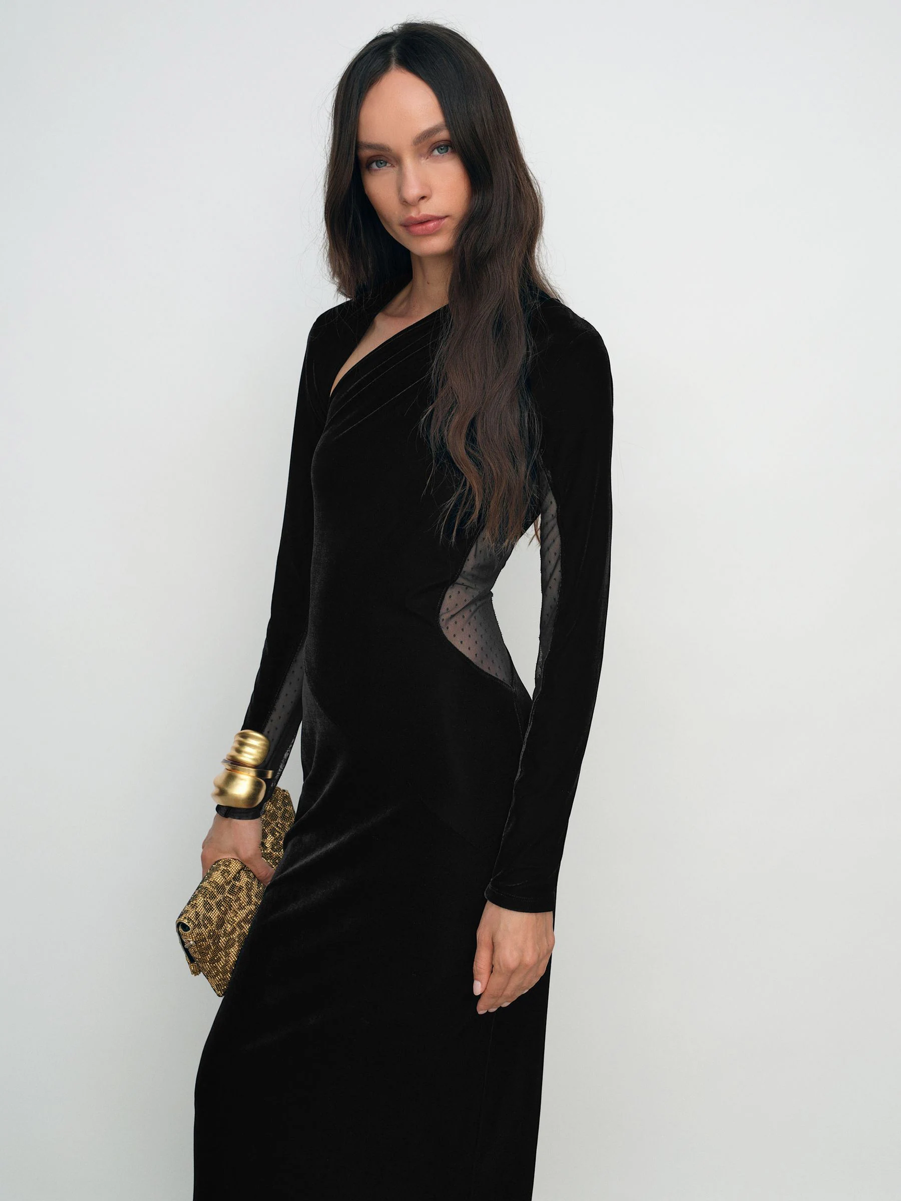 Reiss Kass Velvet Sheer-Panel Cut-Out Midi Dress