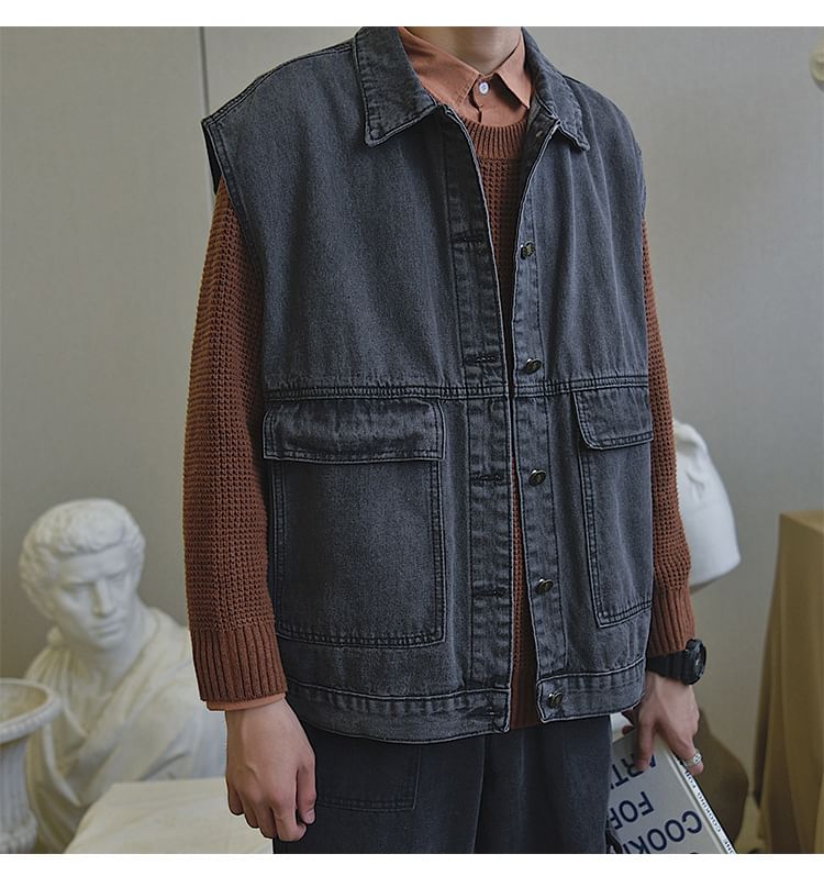 WidoWilder - Gewassen denim vest met kraag en knopen