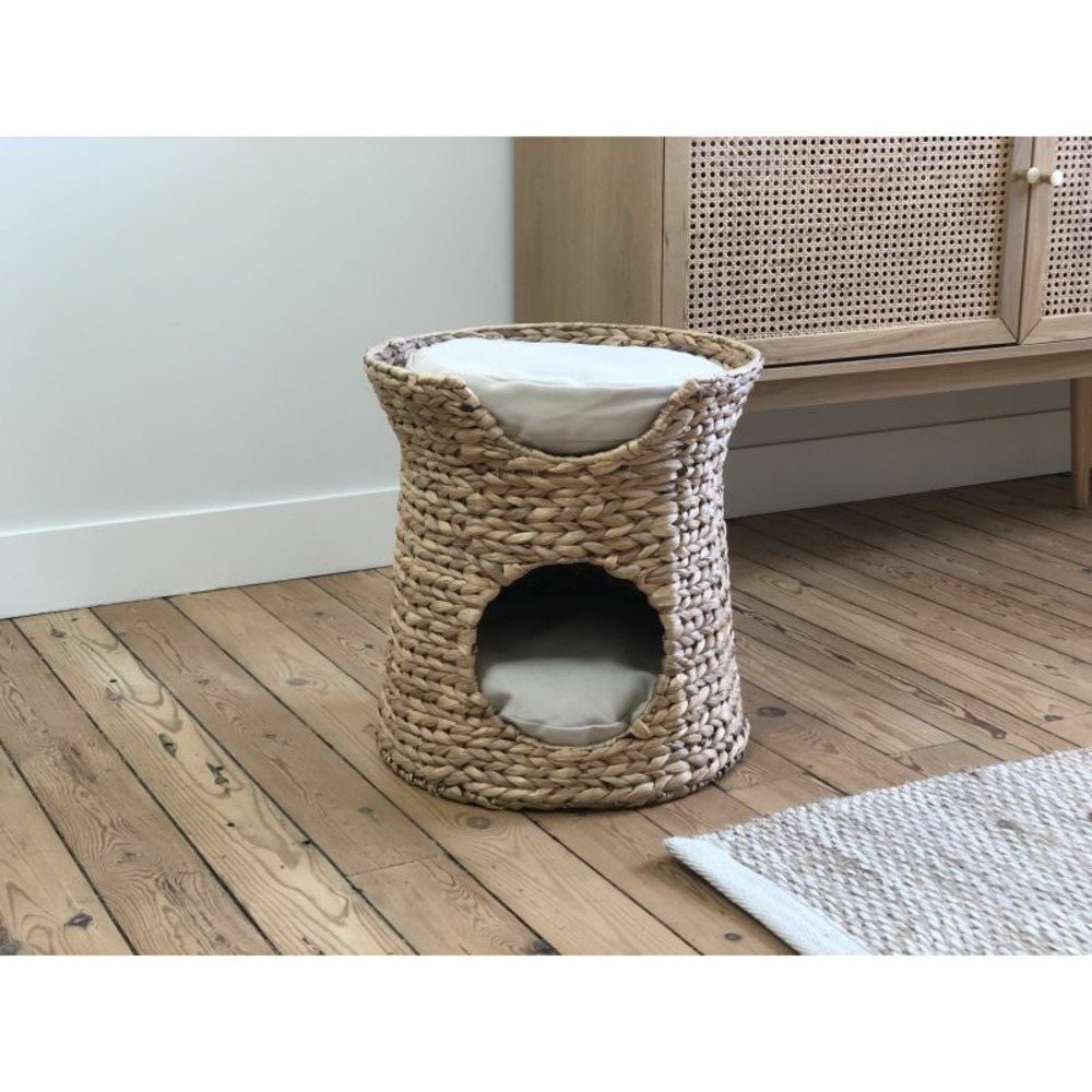 Panier rond cronos pour chat en jonc de mer coussins écru