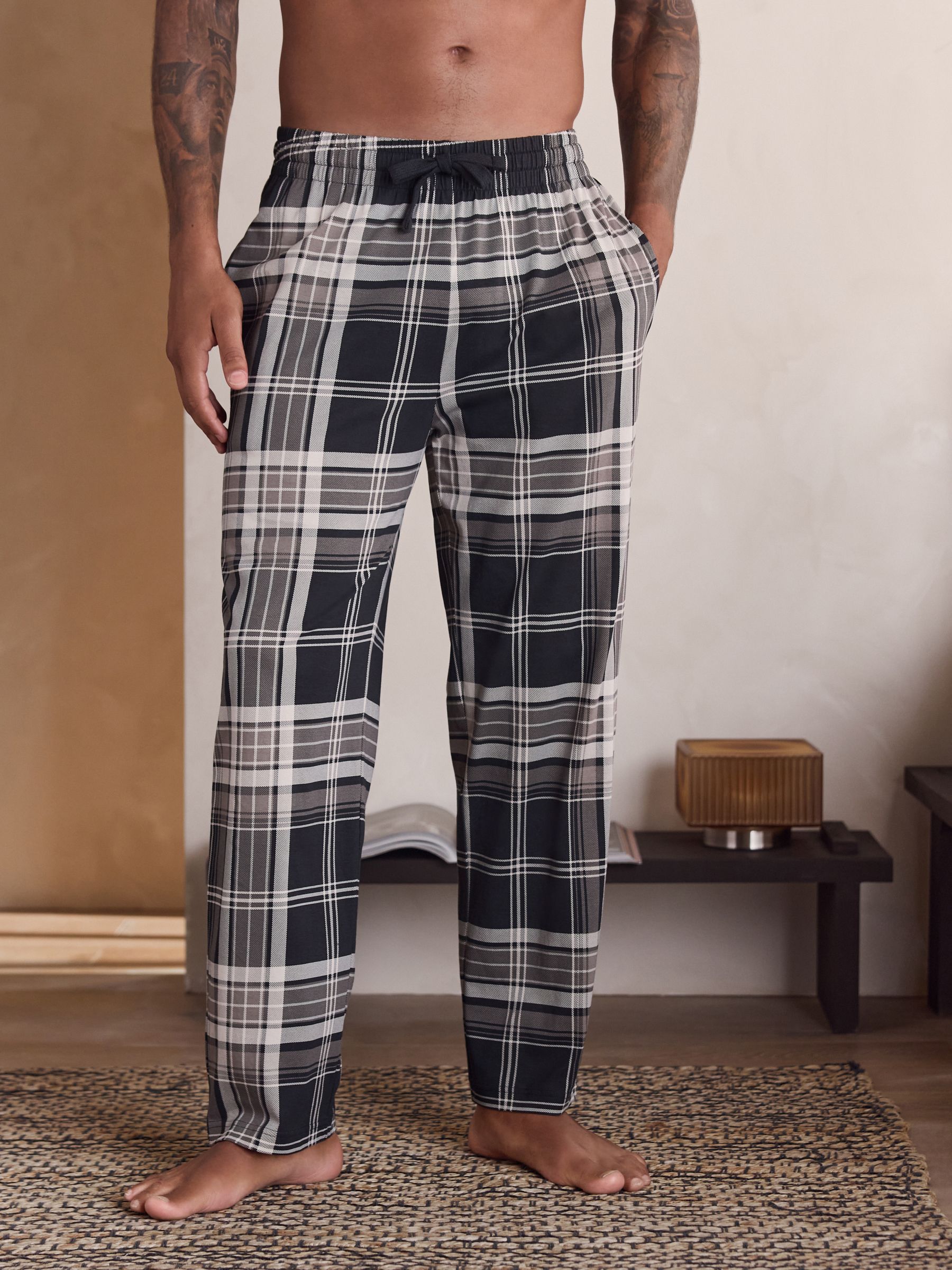 Plum Purple/ Neutral - Check Jersey Pyjama Bottoms 2 Pack