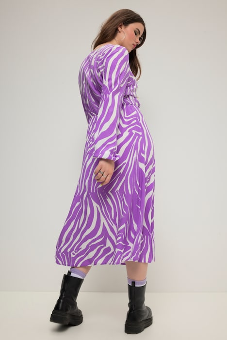 Midikleid, A-Line, Zebra-Print, V-Ausschnitt, Langarm