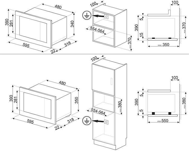 Four micro-ondes encastrable Linéa 20L FMI120B3 Smeg verre noir