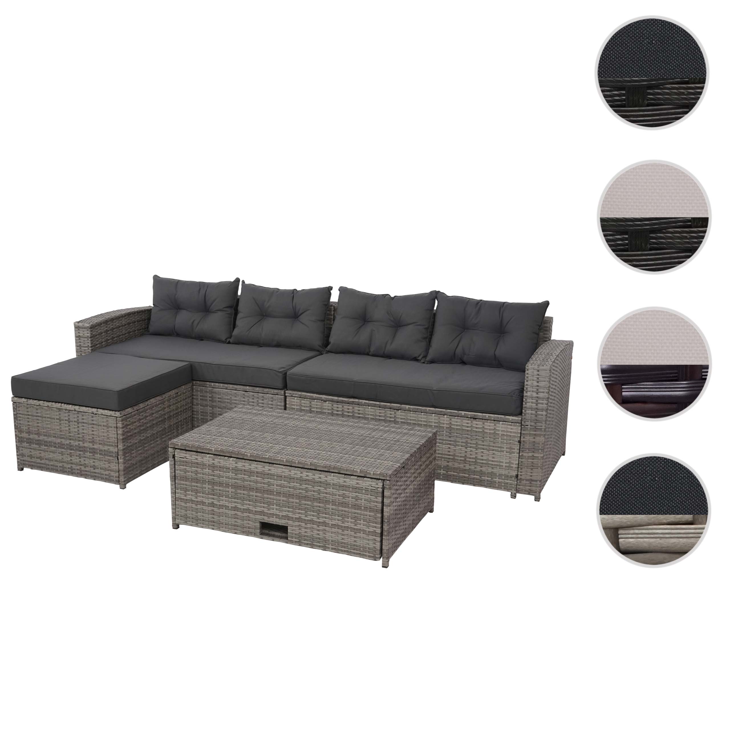 Poly-Rattan Garnitur MCW-J34, Balkon-/Garten-/Lounge-Set Sitzgruppe Sofa, Staufach ~ grau, Kissen dunkelgrau