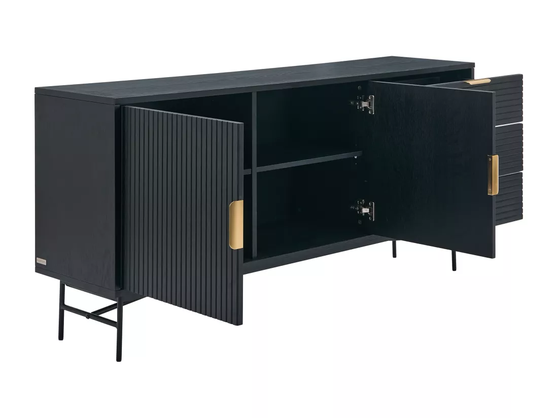 Buffet avec 2 portes et 3 tiroirs placage chêne et métal - Noir et Doré - SIRIOLA