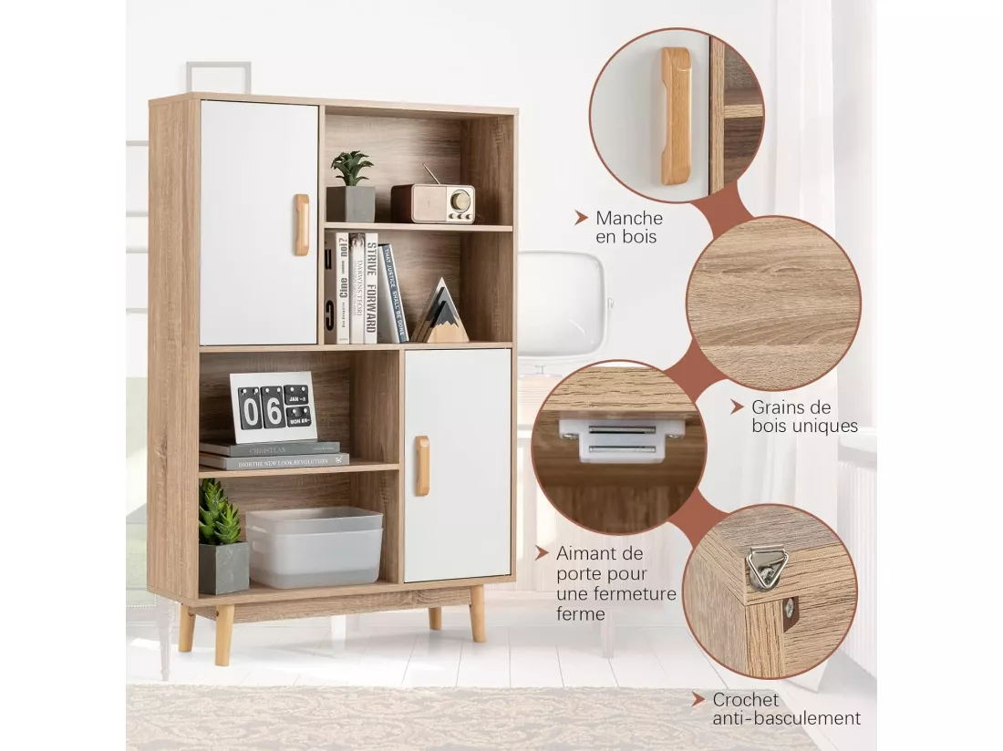 Bibliothèque, étagère à 4 niveaux avec 2 portes, meuble de rangement avec patins anti-rayures et dispositif anti-basculement (blanc+naturel)