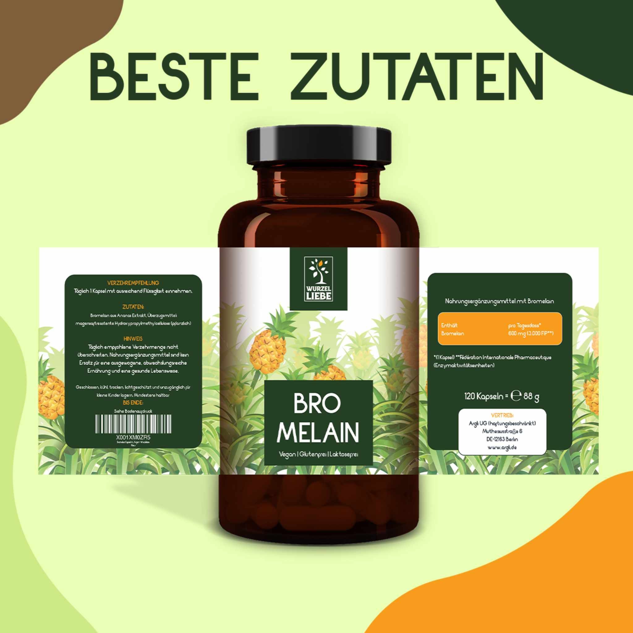 WURZELLIEBE Bromelain 600 mg (3000 F.I.P) 120 Kapseln magensaftresistent