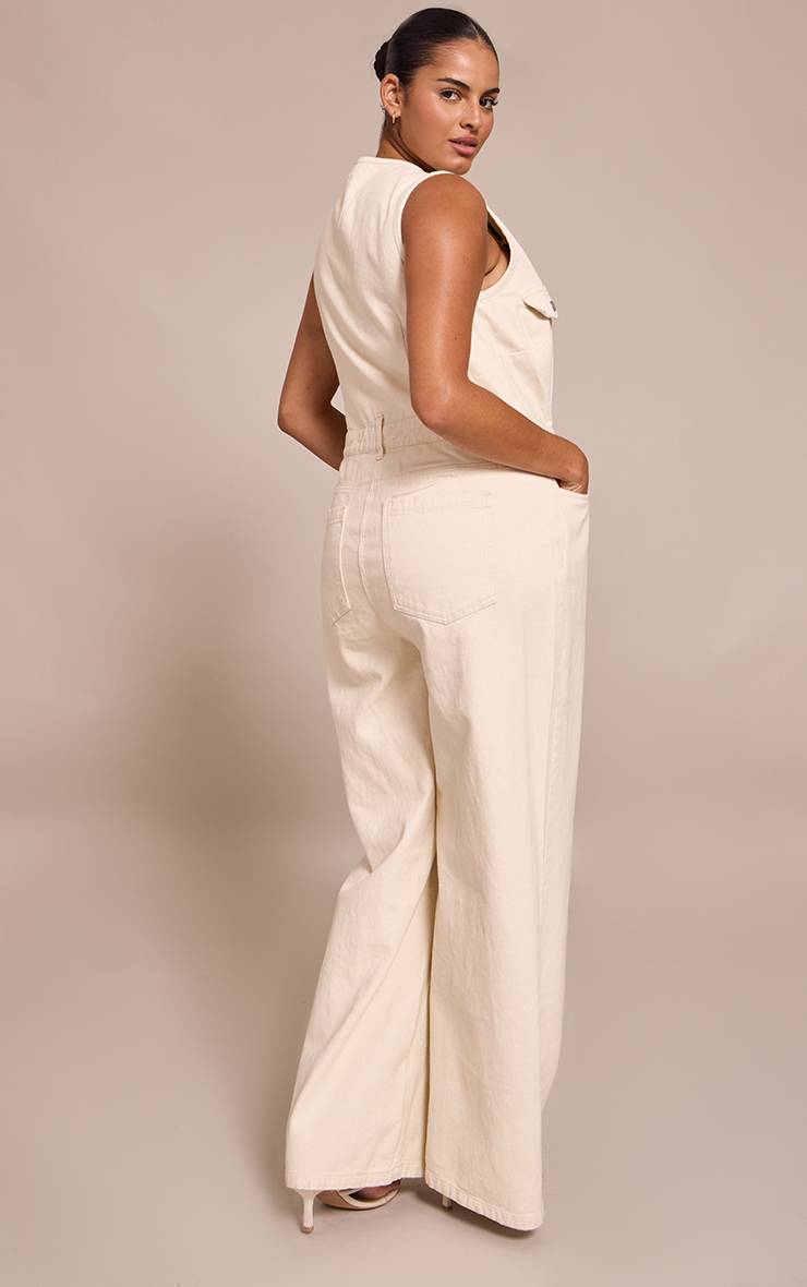 Ecru Combinaison-pantalon En Denim Sans Manches Grande Taille