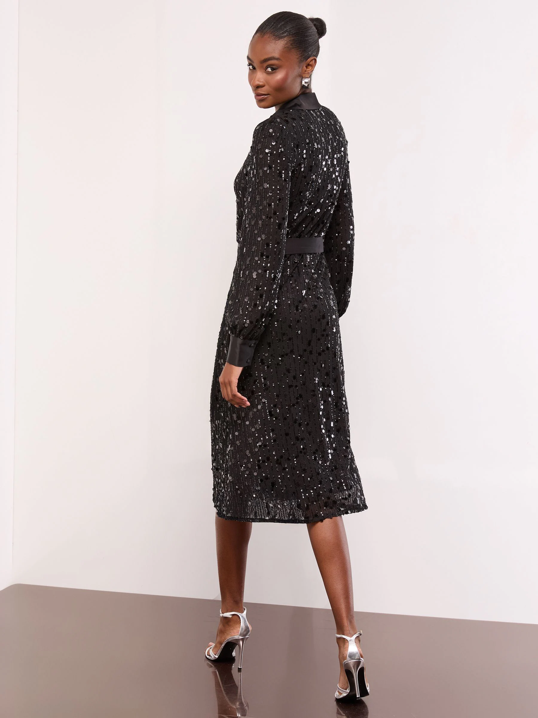 Lipsy Sequin Long Sleeve Belted Shirt Dress
