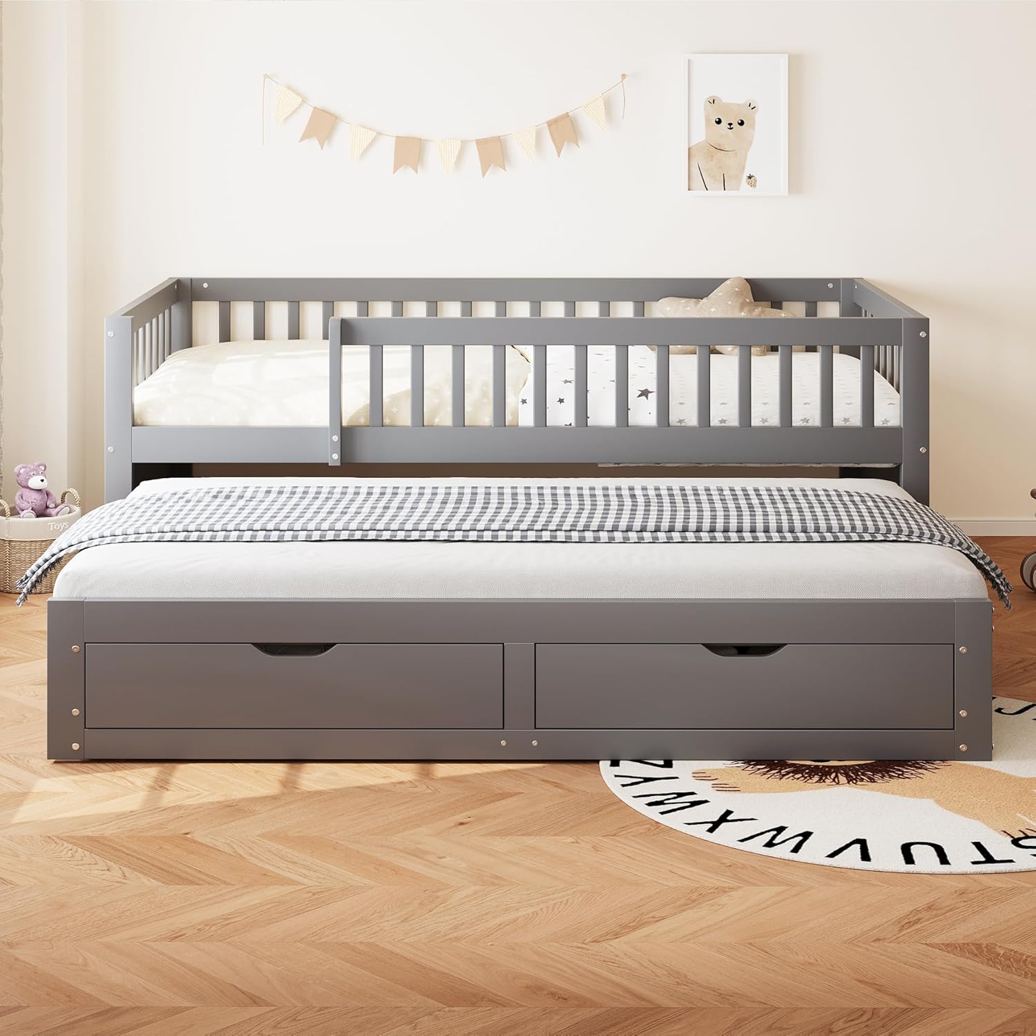 Merax Schlafsofa 90x200 cm, mit Ausziehbett & 2 Schubladen, Kinderbett mit Lattenrost, Jugendbett Gästebett platzsparend für kleine Räume, Grau (Ohne Matratze)