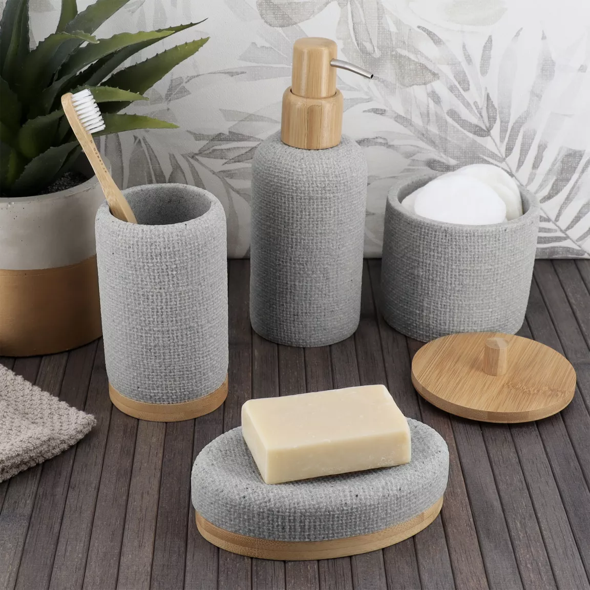 Set d'accessoires salle de bain effet Maille Gris