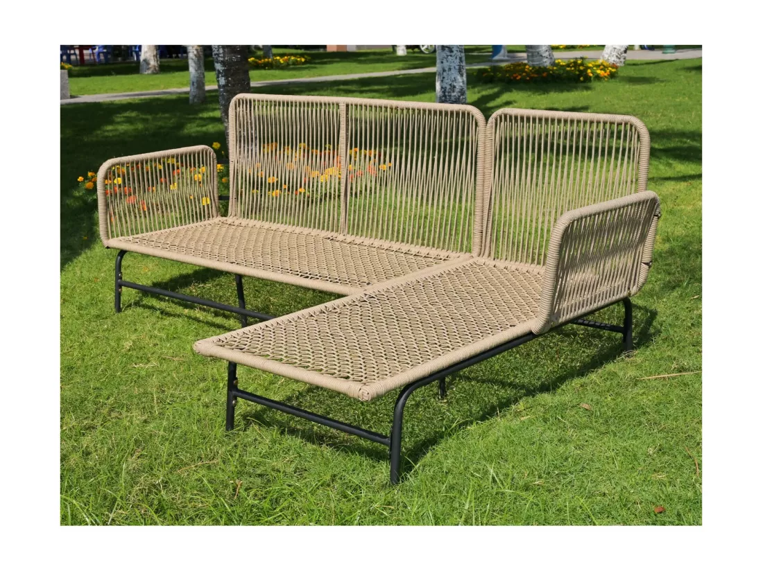 Salon de jardin en métal - avec coussins beige 8cm et dossier - Canapé 2 places + Méridienne droite + table basse