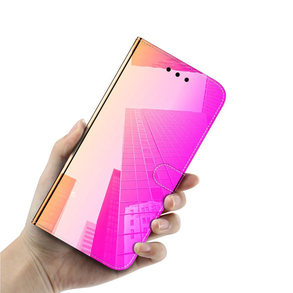 iPhone 12 / iPhone 12 Pro Leder Tasche Flip Cover im Spiegel Design mit Kartenfach   Handschlaufe - Regenbogen Rosa