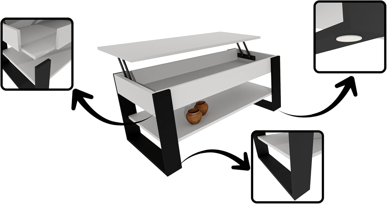 Couchtisch mit anhebbarer Platte | Höhenverstellbarer Wohnzimmertisch mit Stauraum | Sofatisch Weiß Schwarz modern mit Ablage & verstecktem Fach – Coffee Table für Wohnzimmer & Büro