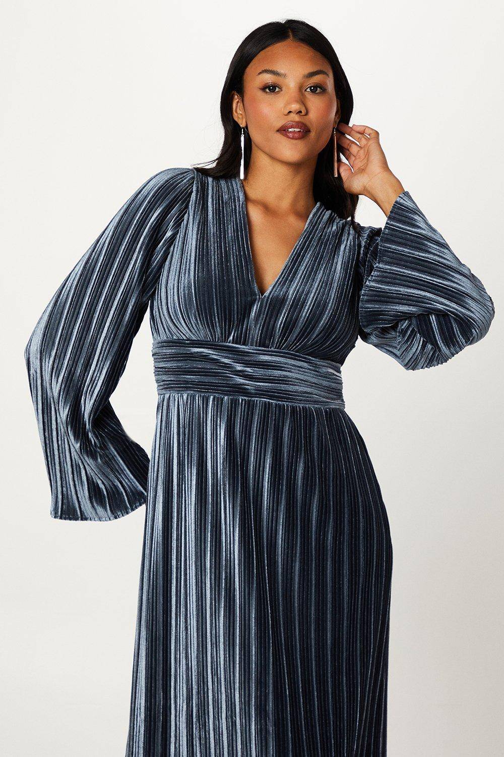 Coast Robe Crayon Plissée en Velours à Manches Longues