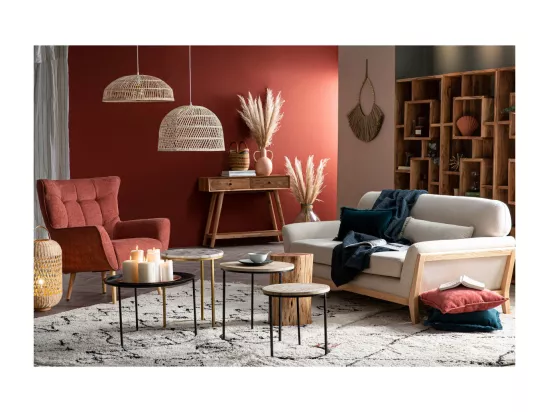 Canapé scandinave 3 places en tissu beige et bois clair YOKO
