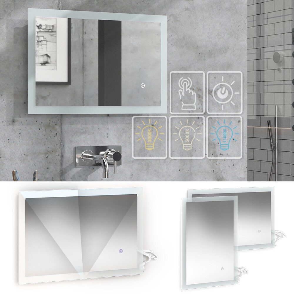Vicco Badspiegel Wandspiegel LED-Spiegel Weiß 60x40 cm Badezimmer Spiegel Badmöbel Hängespiegel Spiegelbeleuchtung Touch-Switch dimmbar rahmenlos