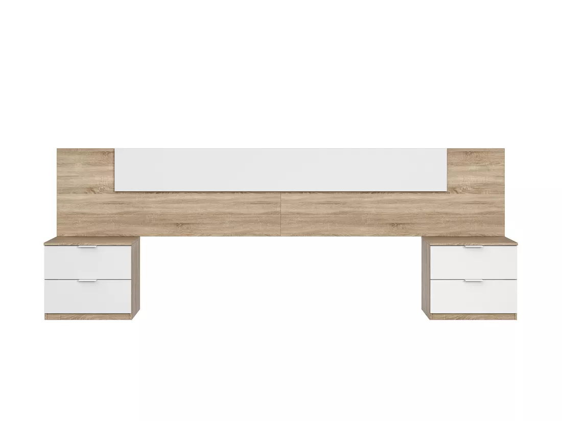 Tête de lit en mélamine avec 2 chevets coloris chêne canadian blanc artik - Hauteur 95 x Longueur 247 cm x Profondeur 38 cm