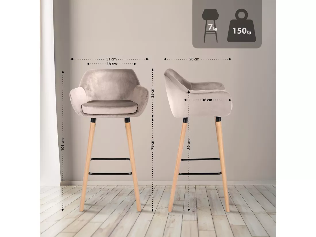Lot de 2 Tabouret de bar - Velours - Crème - Grant