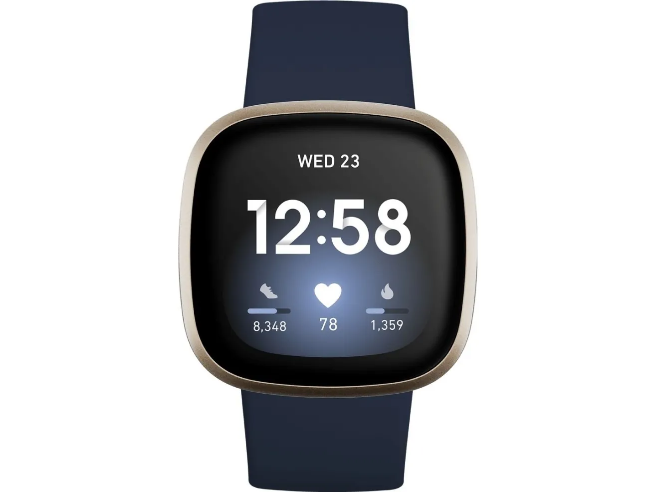 [OUTLET] - Fitbit Versa 3 - Blødt guld-aluminium - smart ur med bånd - silikone - midnat - båndstørrelse: S/L - Wi-Fi, NFC, Bluetooth