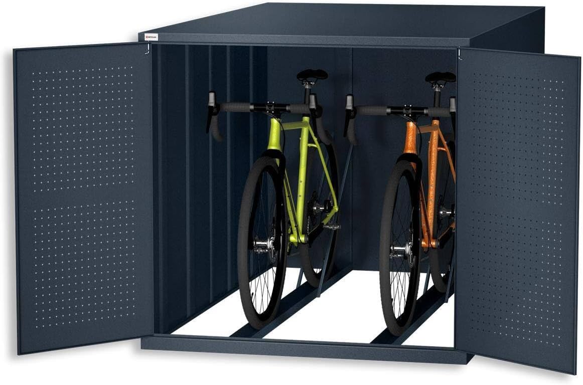 Metzler Fahrradgarage für 2 fahrräder Wetterfest | Fahrradbox für Zwei Fahrräder mit Führungsschienen aus pulverbeschichtetem Stahl in RAL 7016 Anthrazit | 130,00 × 125,00 × 204,00 cm