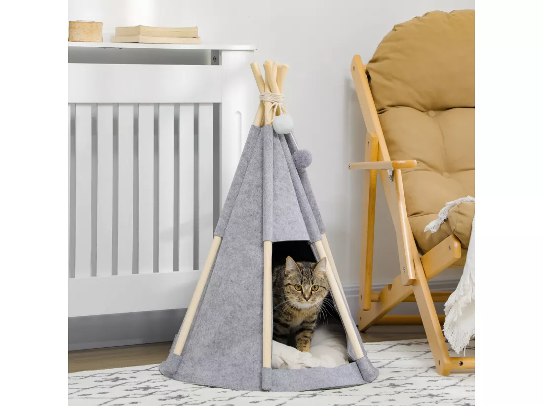 Tente tipi pour animaux - teepee chien chat - coussin épais grand confort inclus - structure bois de pin feutre polyester gris