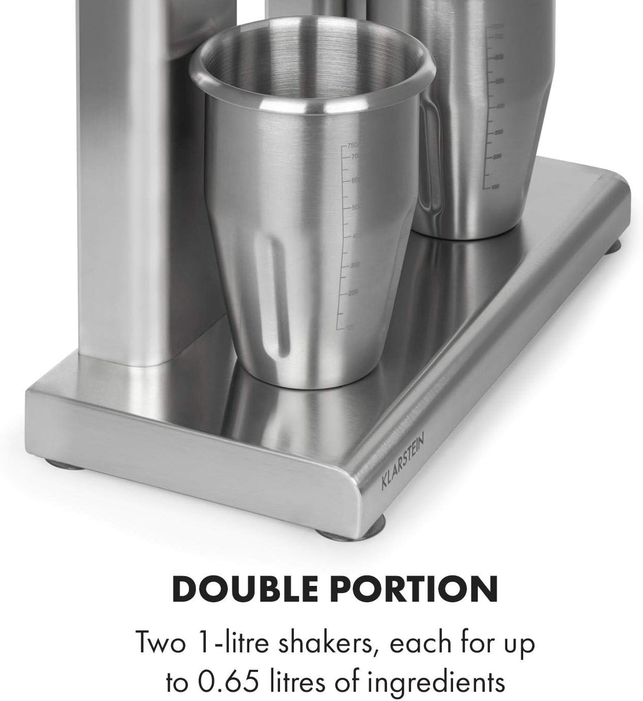 Klarstein Kraftpaket II Pro Doppel Drink Mixer, 160 Watt, 2 x 1 L, 2 Stufen, 20000 U/min, 2 Mixbecher aus Edelstahl, Milk- & Proteinshake, Doppel-Getränkemixer, Cocktail, Bar Mixer, Gastro, silber