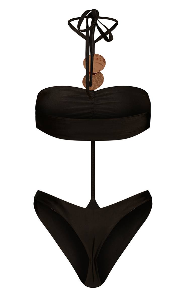 Noir Maillot De Bain Bandeau À Découpes Avec Ornements Disques