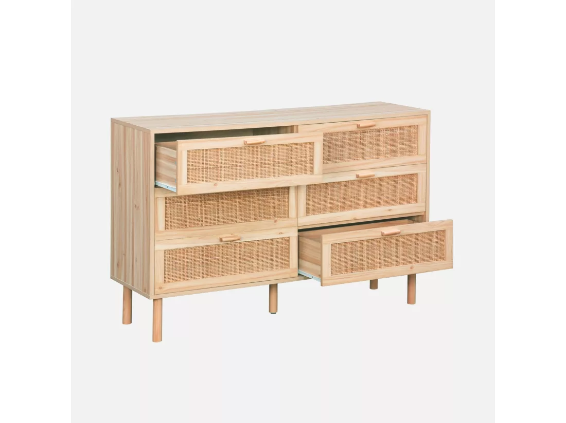 Commode 6 tiroirs cannage et effet bois CAMARGUE L 120 x P 40 x H 80cm