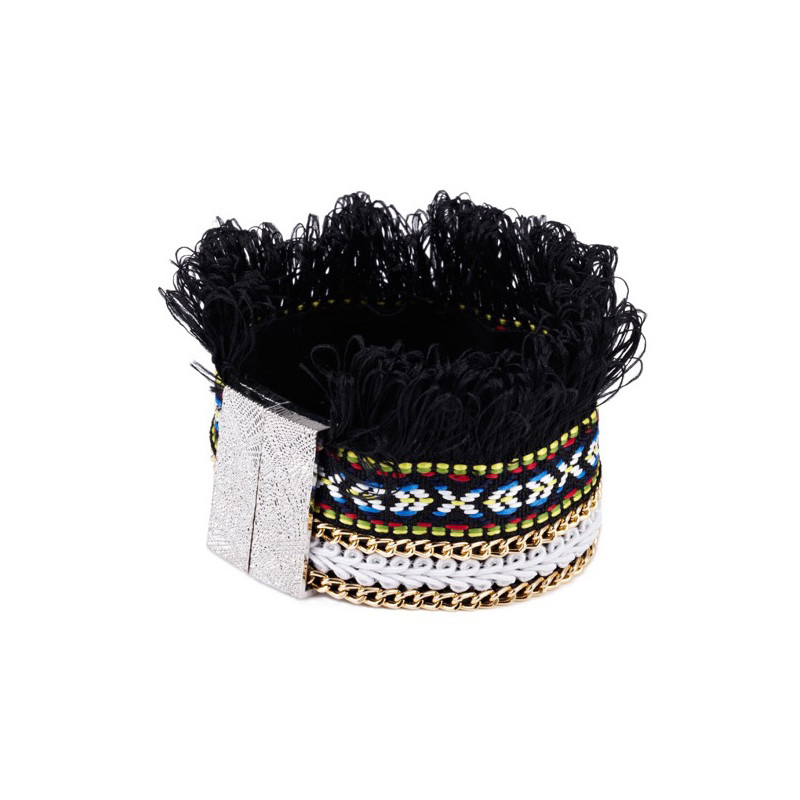 Bracelet à Franges, Coton Noir et Acier Inoxydable
