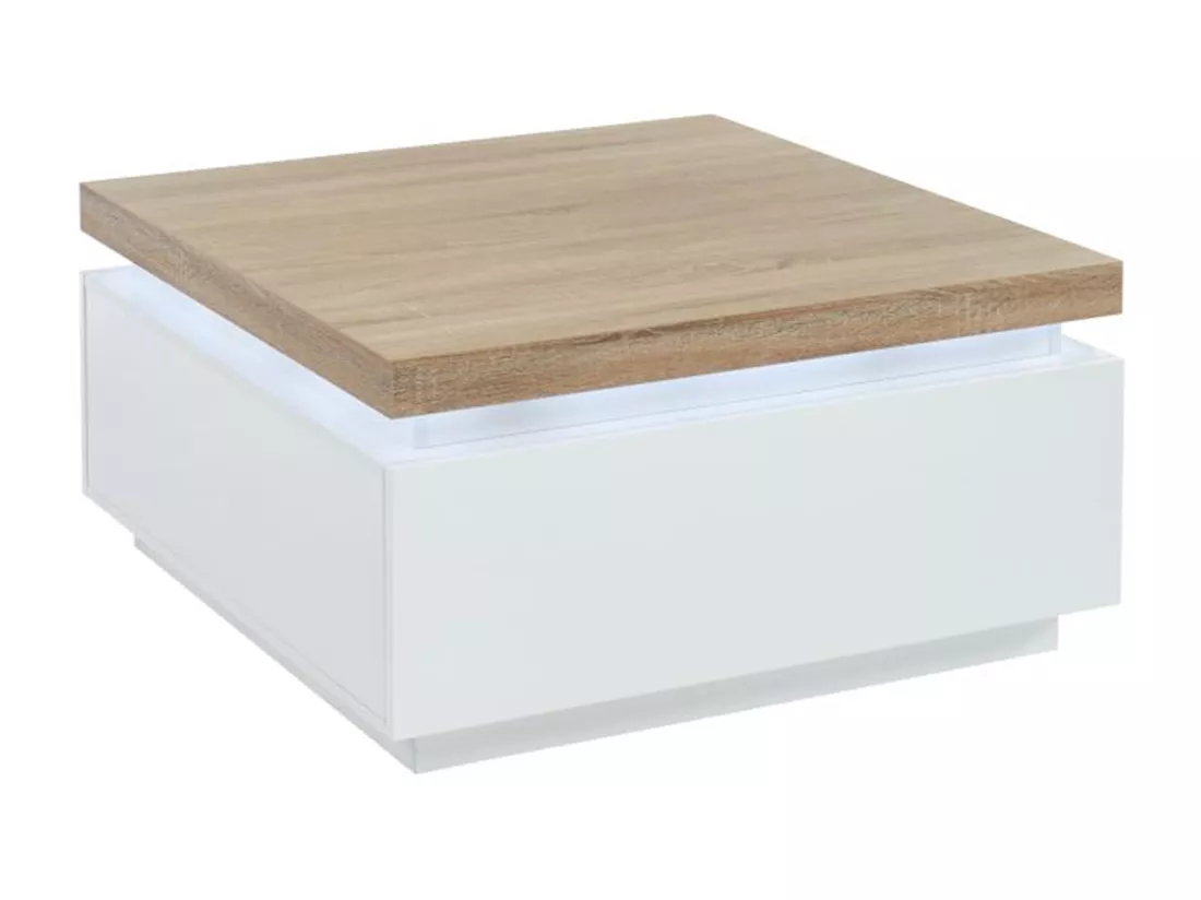 Table basse HALO II - 2 tiroirs - MDF laqué - Avec LEDs - Blanc et Chêne