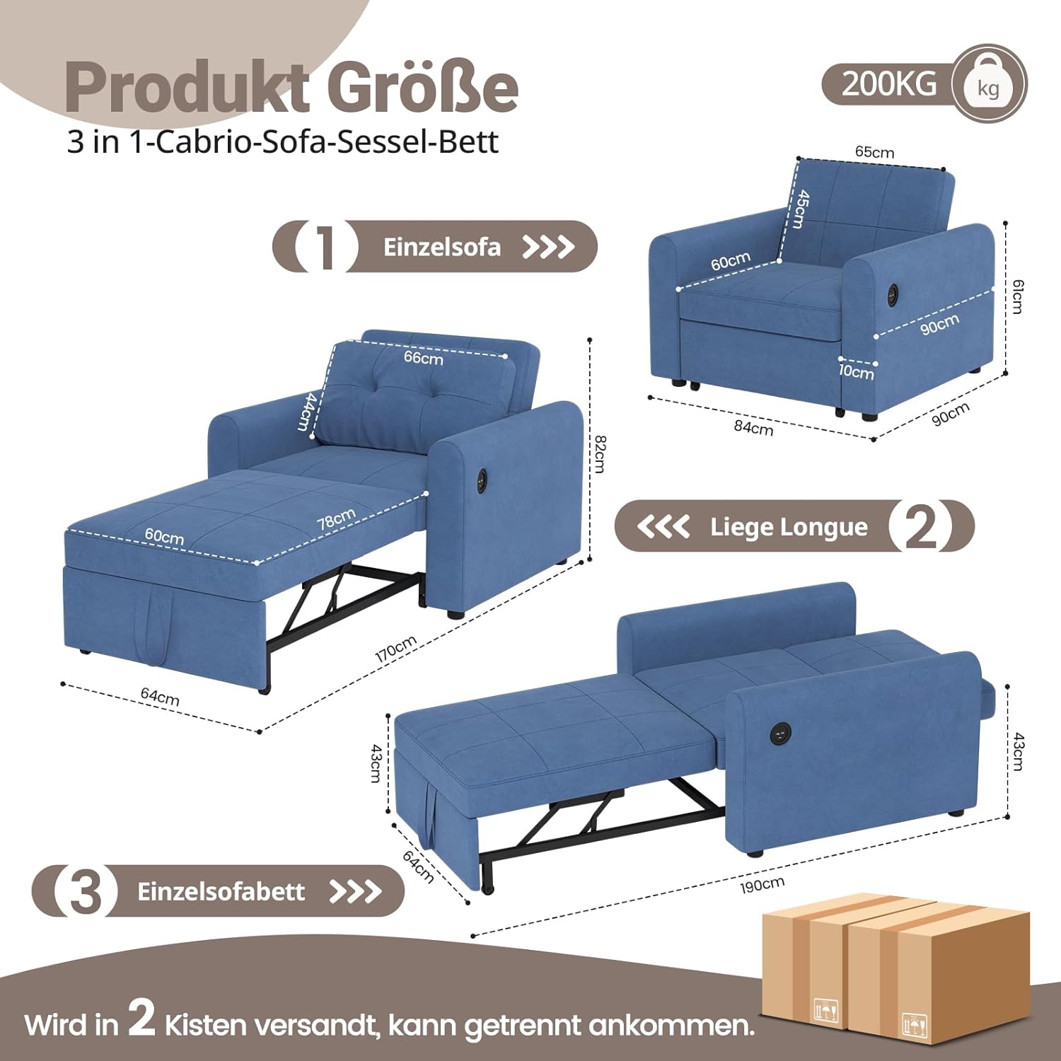 3-in-1 Schlafsessel Sofa Bett mit USB und Typ-C, Klappbares Einzelsofa mit weichem Kissen, Aufbewahrungstaschen und Verstellbarer Rückenlehne, Sherpa-Stoff Sofa Bed Chair 84 * 190cm, Blau