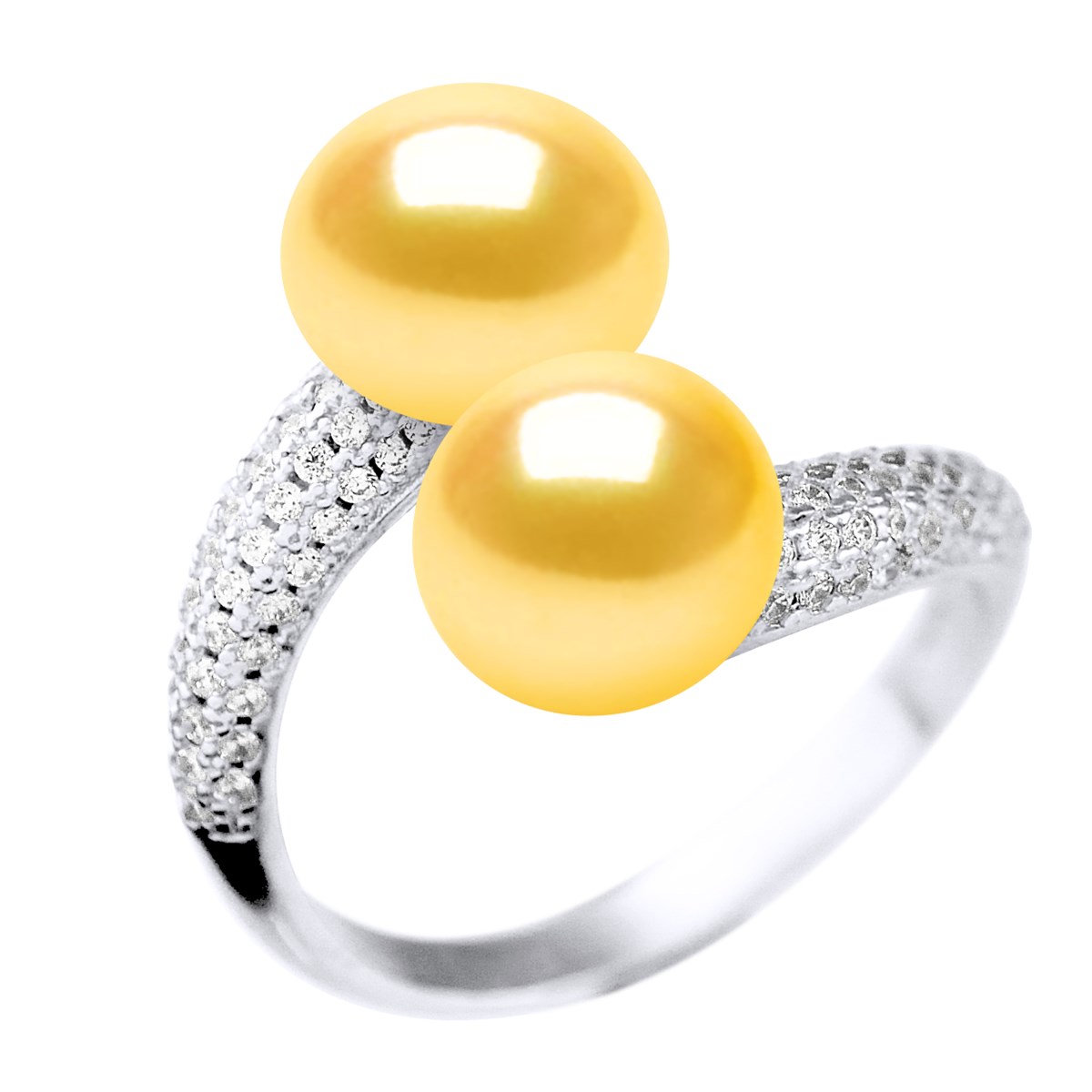 Bague TOI ET MOI 2 Perles d'Eau Douce 9-10 mm Jaunes Dorées Joaillerie Argent 925