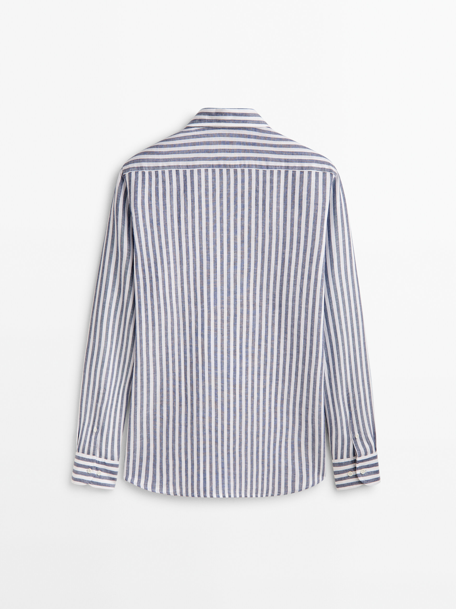 Camisa listrada em linho e algodão, modelagem regular - AZUL MARINHO