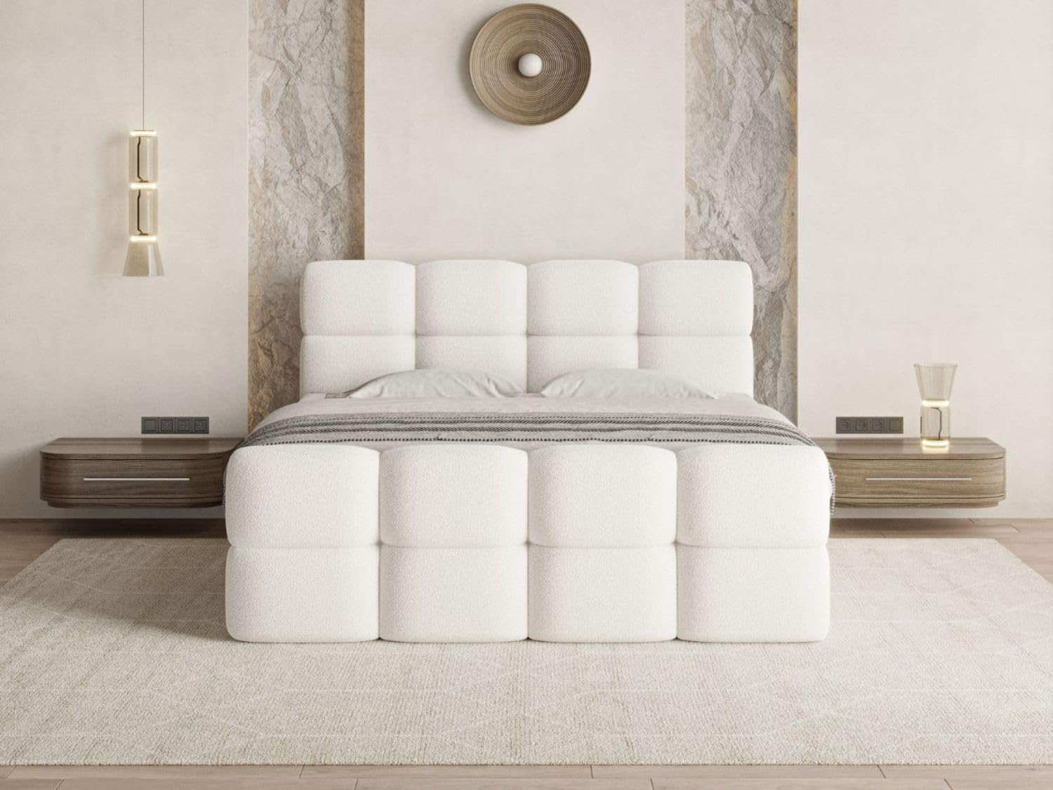 GRAINGOLD Rivon Bett, Boxspringbett mit Bettkasten, Polsterbett mit Bonell-Matratze, Boucle Stoff, mit Topper, mit Kopfteil (Creme, 160x200)