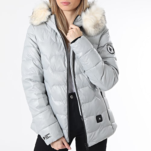 Doudoune Chauffante Capuche Fourrure Femme Val Thorens Gris Beige
