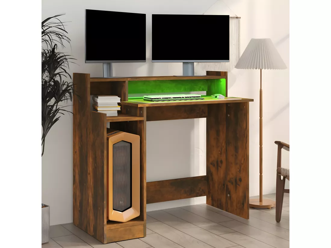Bureau et lumières LED Chêne fumé 97x45x90 cm Bois d'ingénierie