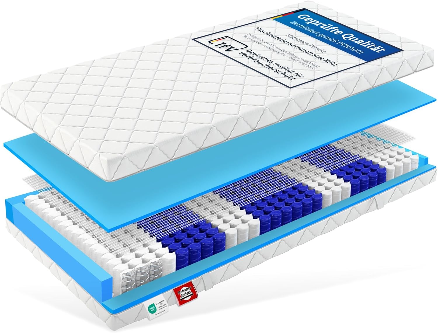 Matratzen Perfekt Taschenfederkern Matratze Köln 100x200 cm H3 mittelfest 7 Zonen 20 cm hoch orthopädisch waschbarer Bezug 60°C allergikerfreundlich
