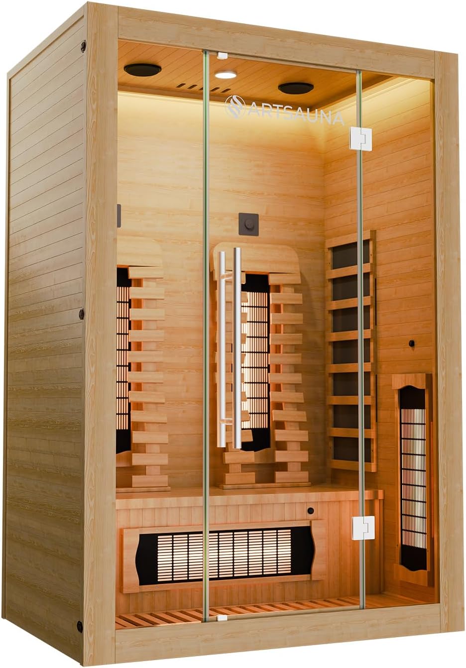 Artsauna Infrarotkabine Kiruna130 Premium mit Vollspektrum- & Flächenstrahler, 2 Person, 130x105x190 cm, LED Farblicht & Glastür, Infrarotsauna Sauna - Rückenstrahler dimmbar