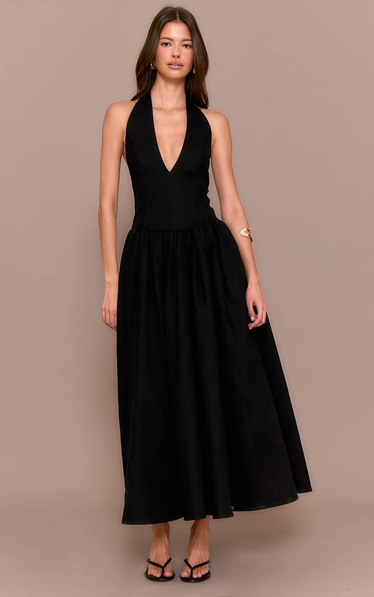 Noir Robe Midaxi À Pois Froncée Avec Col Licou Et Détail Noué