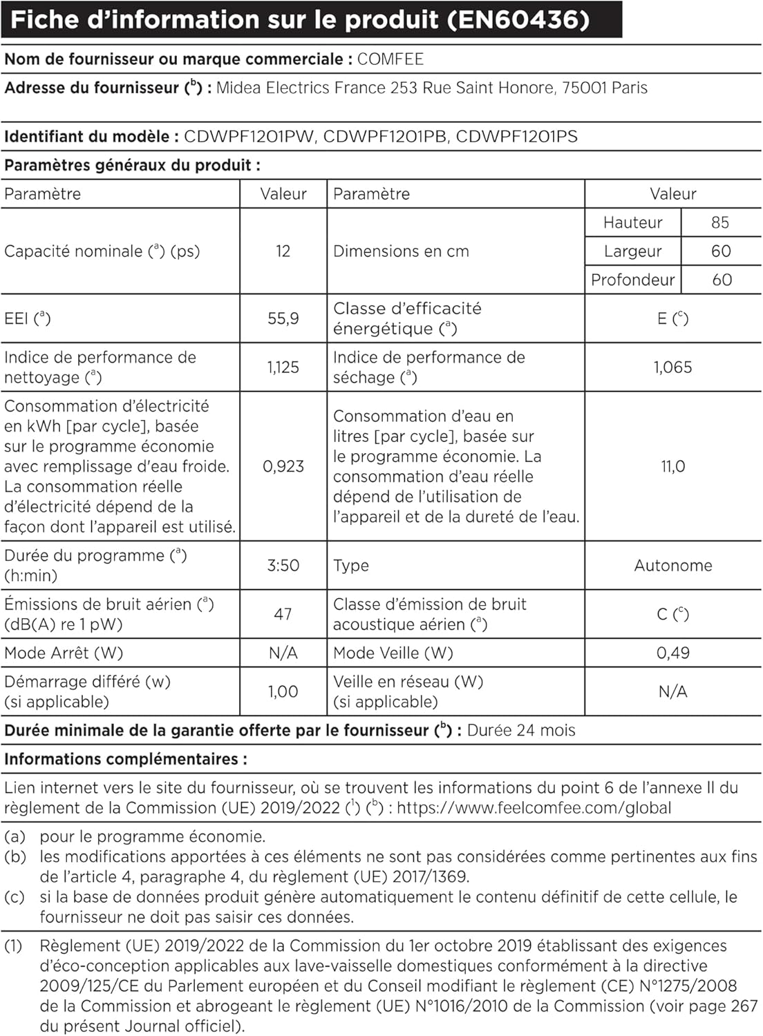 COMFEE' CDWPF1201PS Geschirrspüler freistehend, 60 cm, 12 Gedecke, Startzeitvorwahl, Halblast-Funktion, flexible Körbe, Edelstahl, 49 dB, Bedienung über Tasten