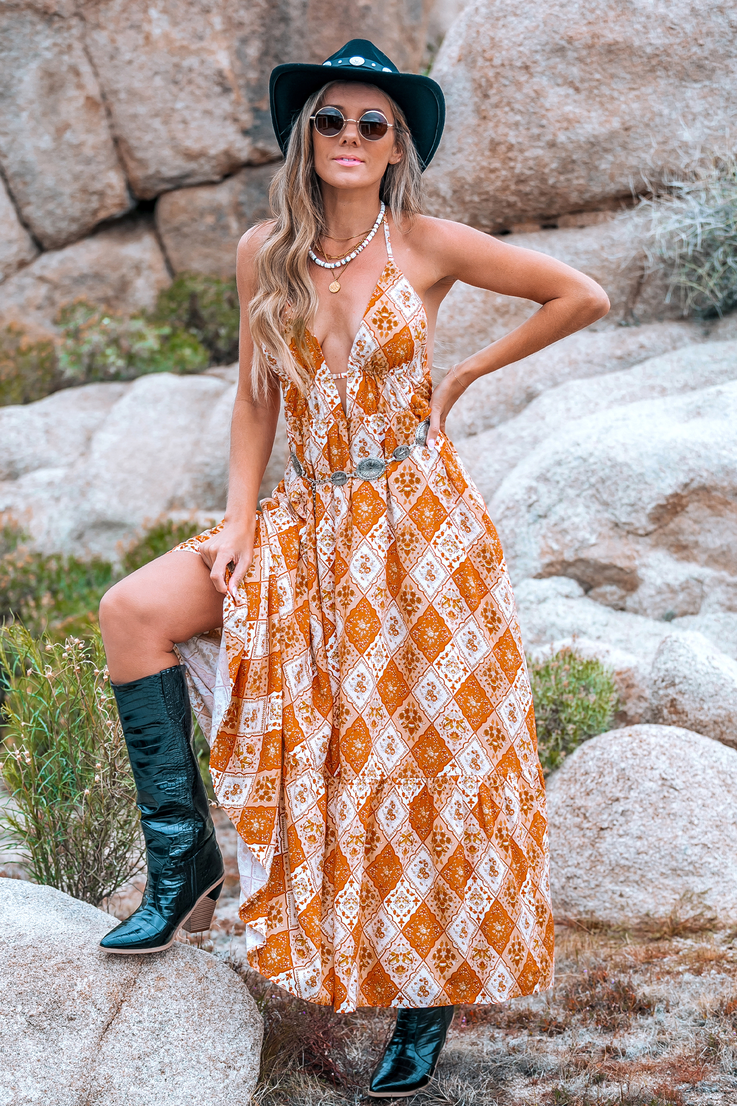 Robe maxi sans manches à col plongeant boho orange brûlé