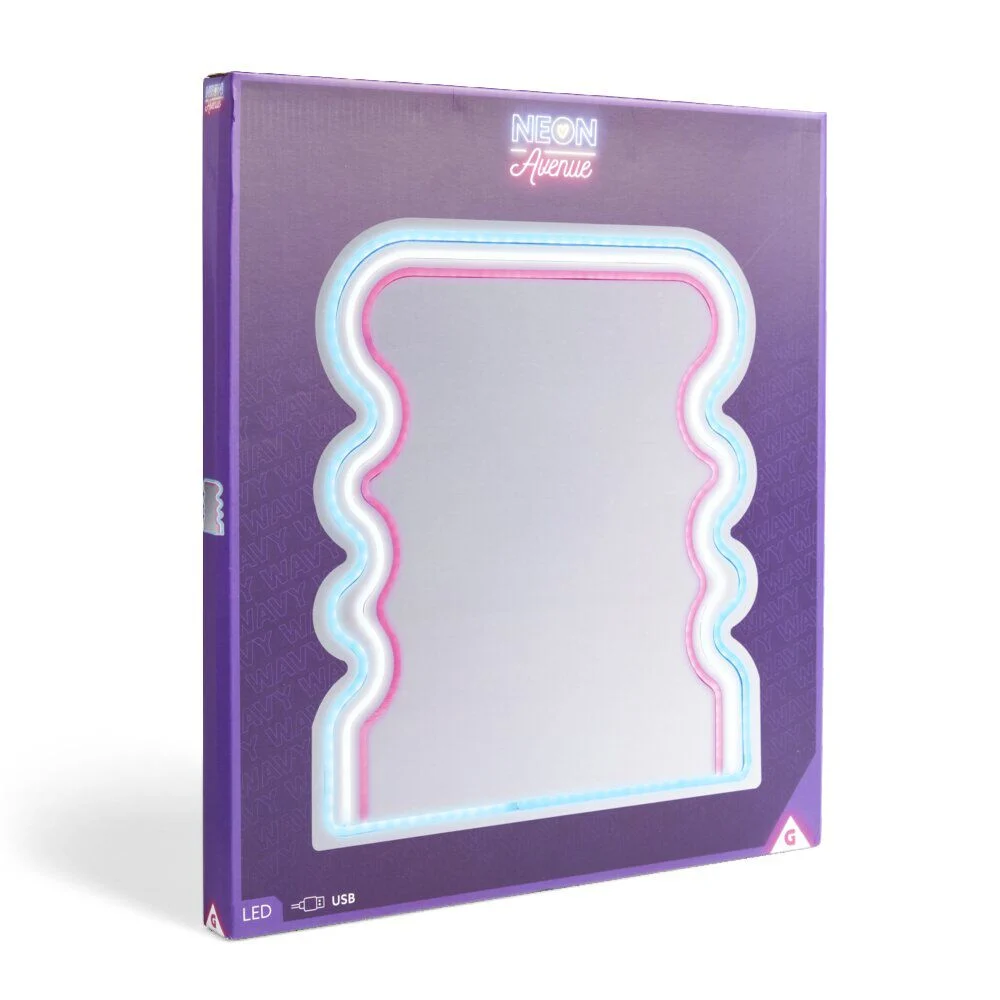 Miroir néon forme vague bleu blanc rose 35x40cm