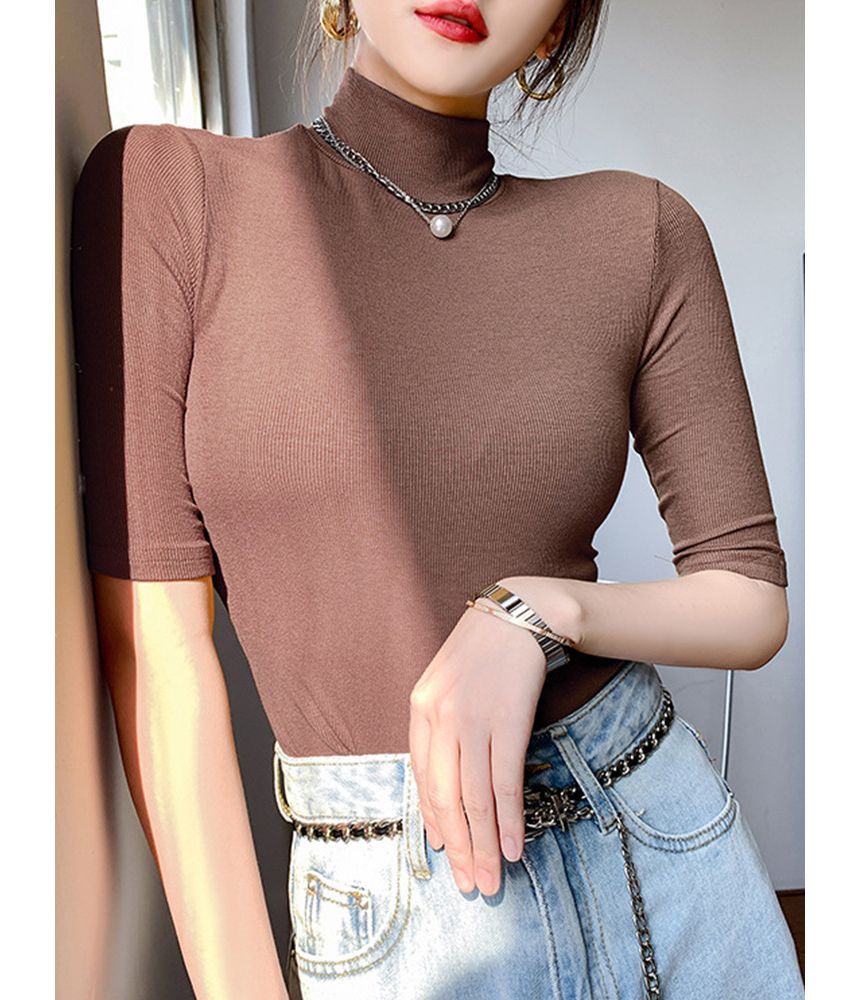Sensarra - Effen T-shirt met hoge hals en elleboogmouwen