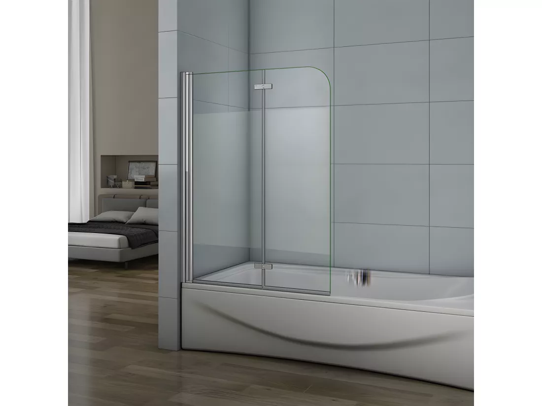 Pare-baignoire 120x140cm pivotant et pliant, paroi de baignoire installé à gauche en verre anticalcaire et sablé au centre
