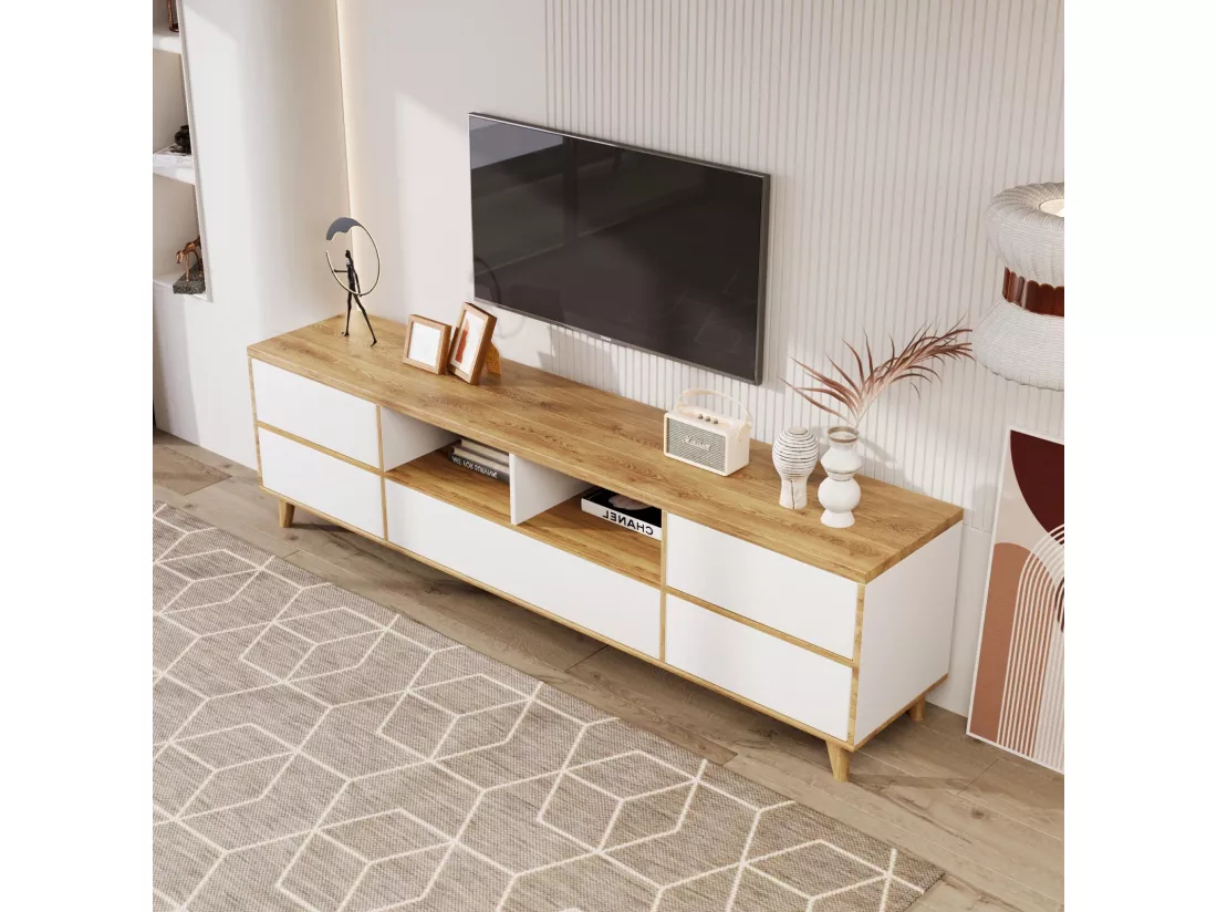 Meuble TV 5 portes et 8 niche, pieds en bois solides, 175x37x51cm, Blanc et naturel