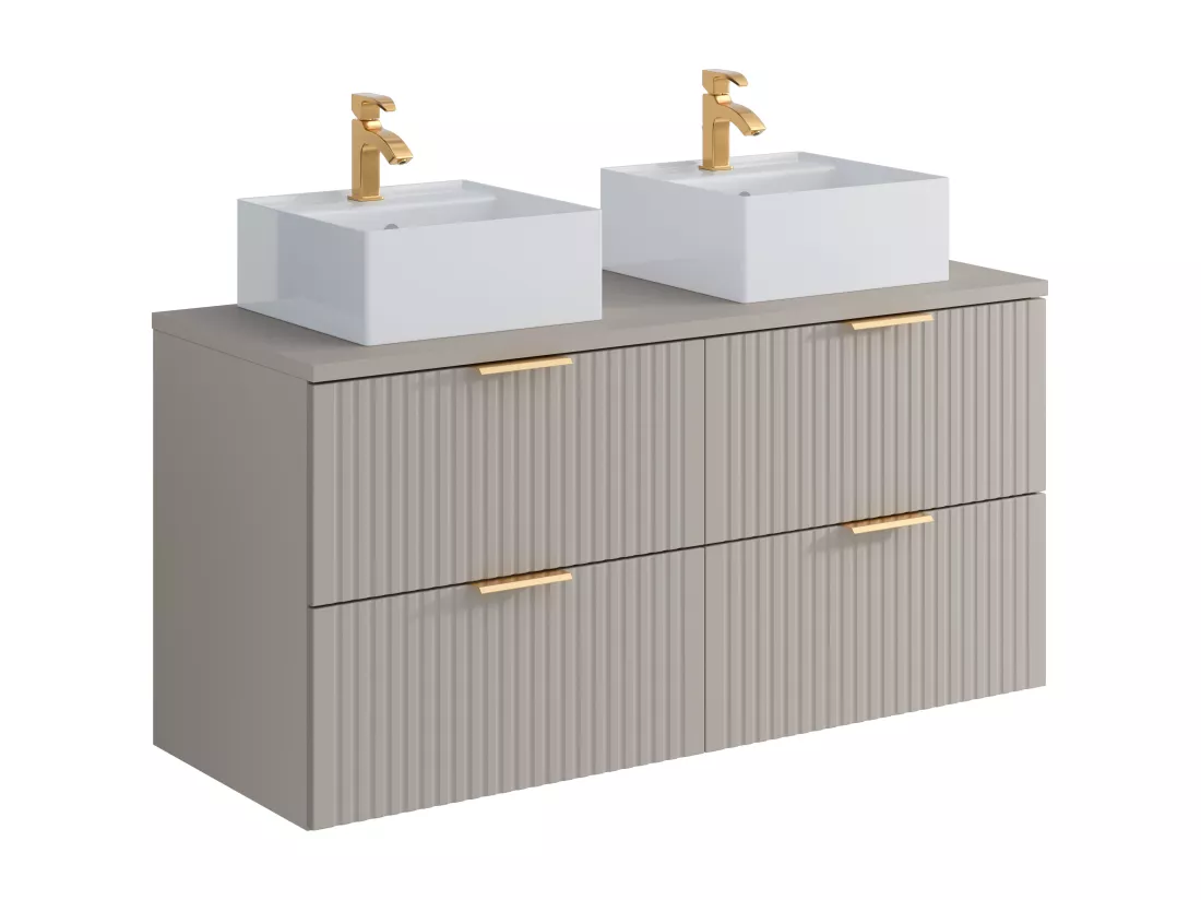 Meuble de salle de bain suspendu strié avec double vasque à poser carrée - Beige - L120 cm - ZEVARA