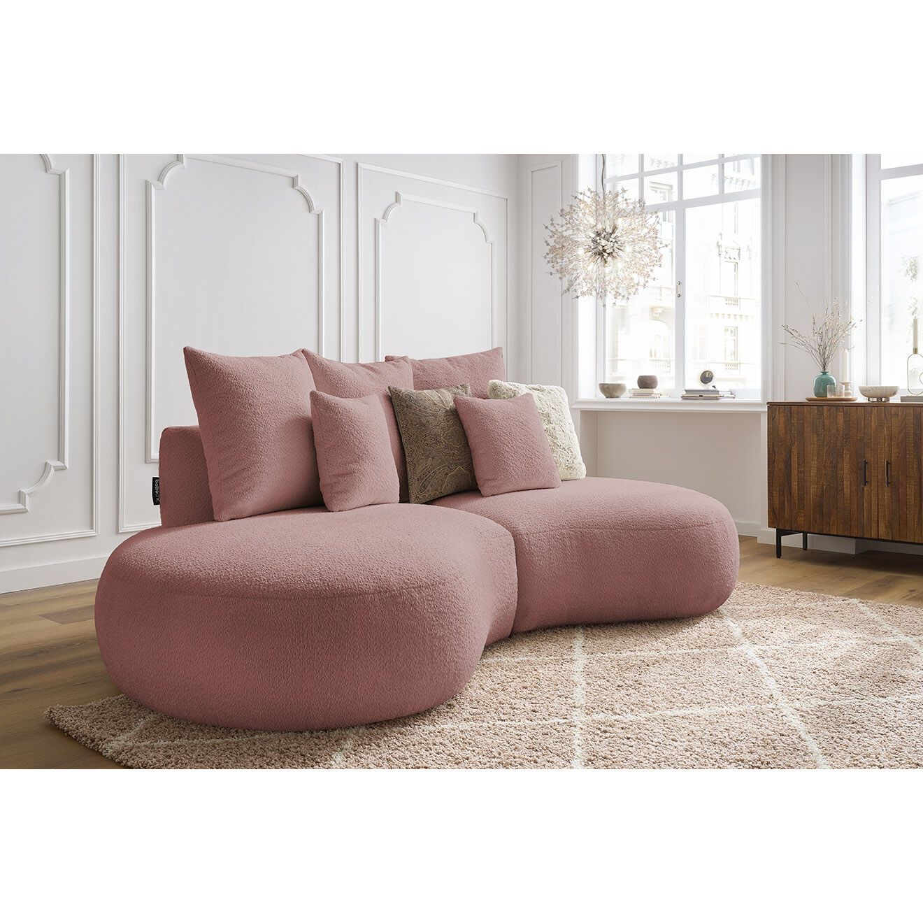 Bobochic Canapé droit fixe 3 places saint-germain tissu bouclette rose - 260x145x92 cm