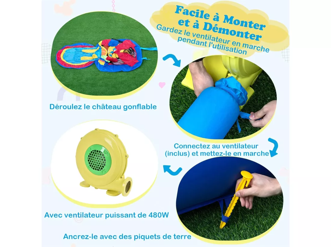 4 en 1 Château Gonflable Enfants avec Toboggan et Souffleur 480W, Maison de Rebond Gonflable avec Piscine et 50 Boules, Thème Puzzle, Parc Aquatique, Charge Max 90kg, 3 Ans+