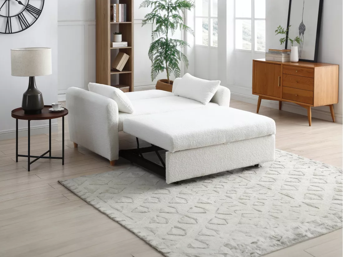 Canapé 2 places convertible en tissu bouclette blanc AYLA